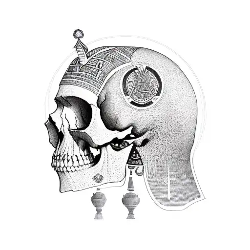 A Detailed Illustration Of A Skull With Egyptian Symbols Of Wisdom And Wealth