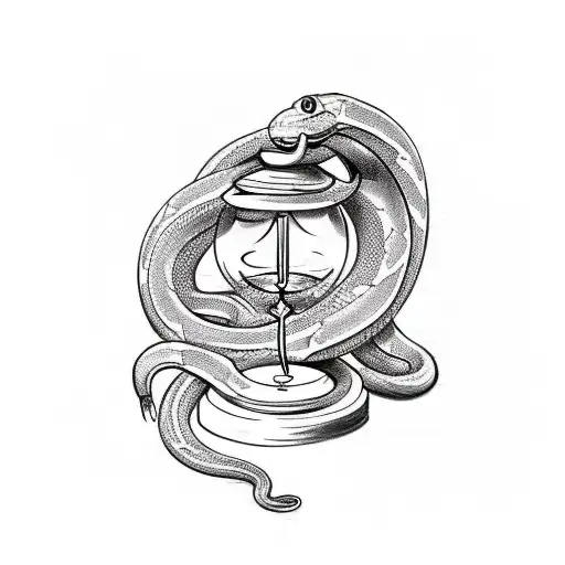 A Sketch-style Tattoo Featuring A Snake Coiled Around An Hourglass With Smoke Billowing Out Of It