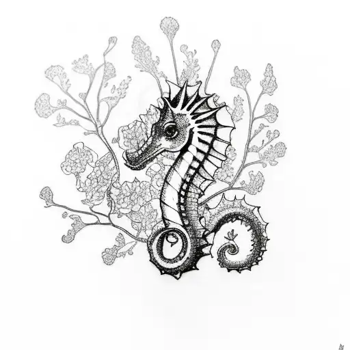 A Delicate Sketch-style Tattoo Of A Beautiful Seahorse Surrounded By Blooming Flowers