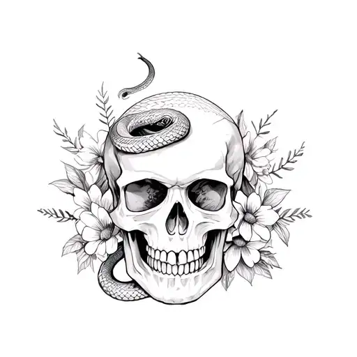 A Detailed Skull With A Kind Cobra Snake Coming Out Of It With Flowers All Around