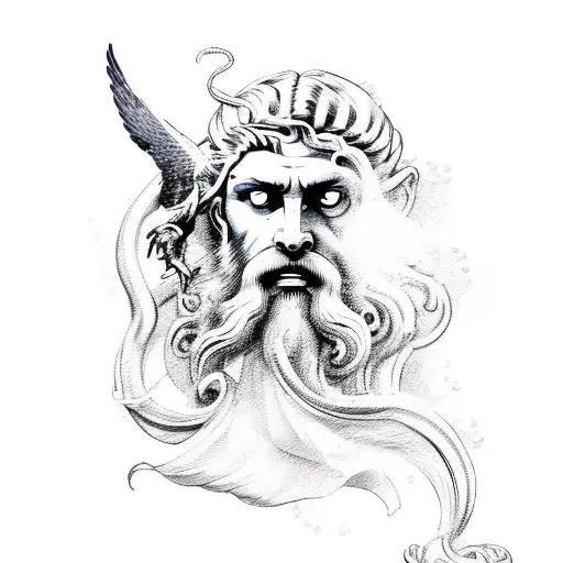 Poseidon With A Hawk And Waves