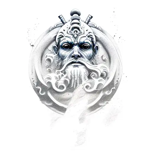 Poseidon In Waves With A Hawk Flying Above