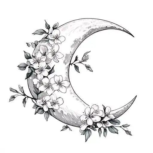 Moon With Jasmine Flowers A Crescent Moon With Simple Jasmine Flowers Curling Around