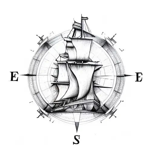 A Detailed Sketch Of A Pirate Ship With A Compass Embedded In Its Sails