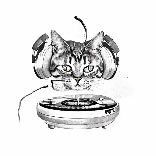 A Sketch-style Tattoo Of A Cat Wearing Headphones And Djing On A Turntable