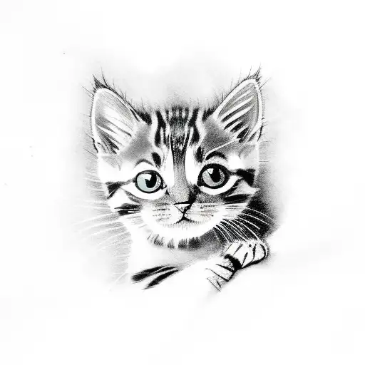 A Sketch-style Tattoo Of The Striped Gray Kitten Peeking Out From Behind A Tree