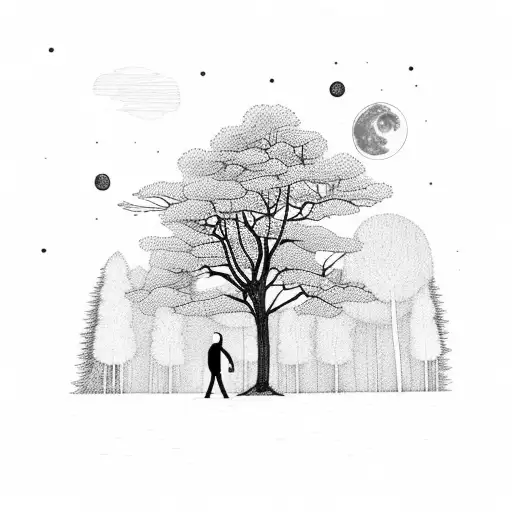 A Lone Forest At Night Moon With A Single Man