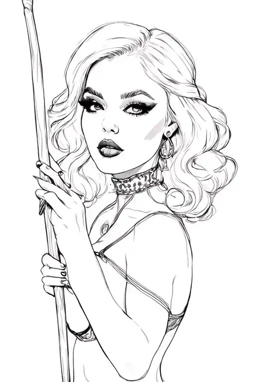 Pin Up Girl Full Body Black And Grey Holding Long Stick