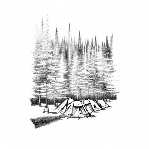 A Mesmerizing Sketch Of A Campsite Nestled In A Forest Clearing