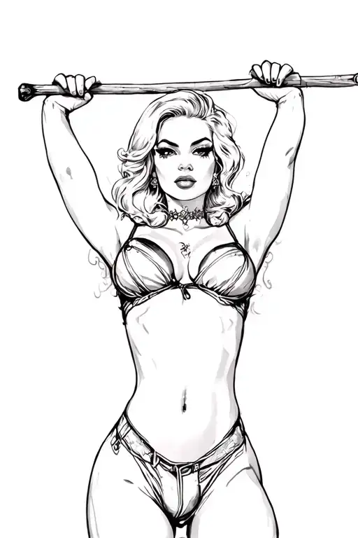 Pin Up Girl Full Body Black And Grey Holding Long Stick Above Head Between Legs