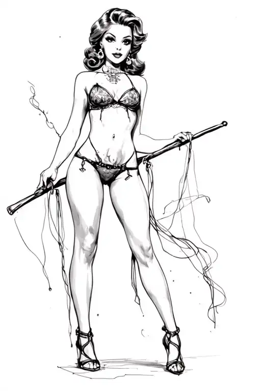 Pin Up Girl Full Body Black And Grey Holding Long Stick Between Legs
