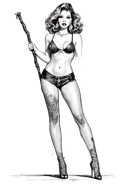 Pin Up Girl Full Body Black And Grey Holding Long Stick Between Legs