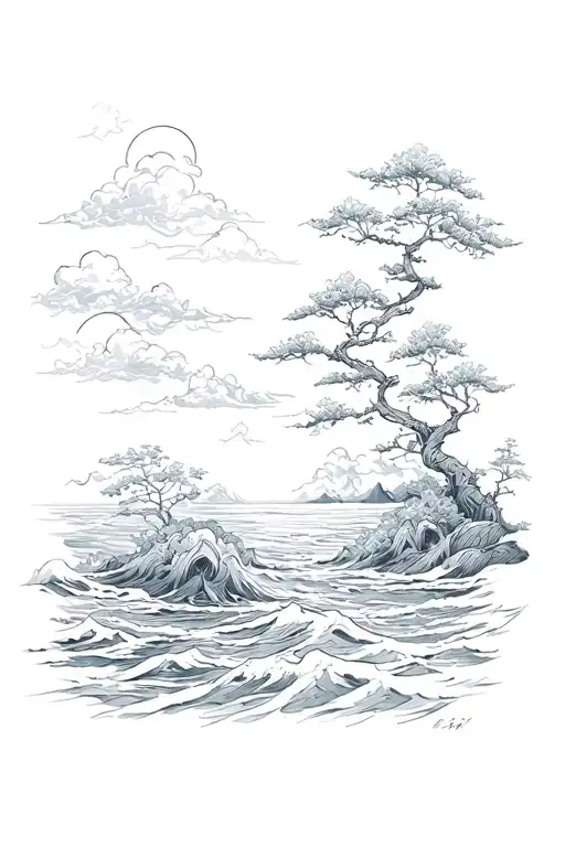 Arm Sleeve Tattoo Design Japanese Nature Sky Down To The Ocean