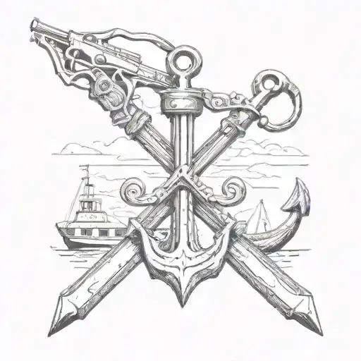 Two Rifles Crossed Behind A Boat Anchor