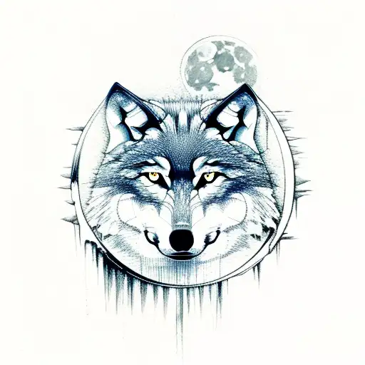 Wolf With Water Reflection And Forest And Moon In Background