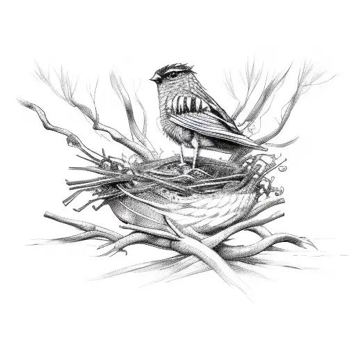 A Sketch-like Depiction Of A Bird Safeguarding Its Nest On A Tree Branch With Dried Leaves