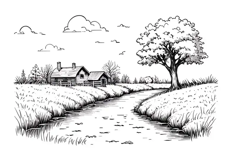 Very Simple Line Tattoo Of Small Farm With Creek And A Tree