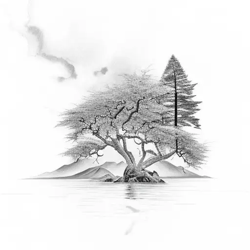 Right Shoulder Tattoo Meanandering River To Paradise With A Single Mountain Ash Tree In Paradise