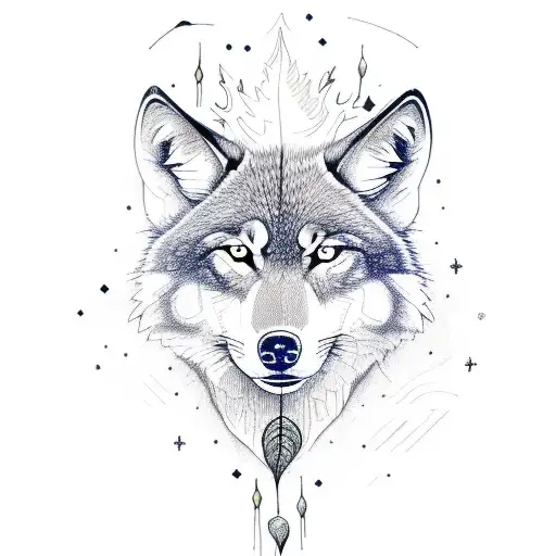 Fall Leaf With Wolf Outline Colored In With Aurora Borealis And Arrows Behind All Of It