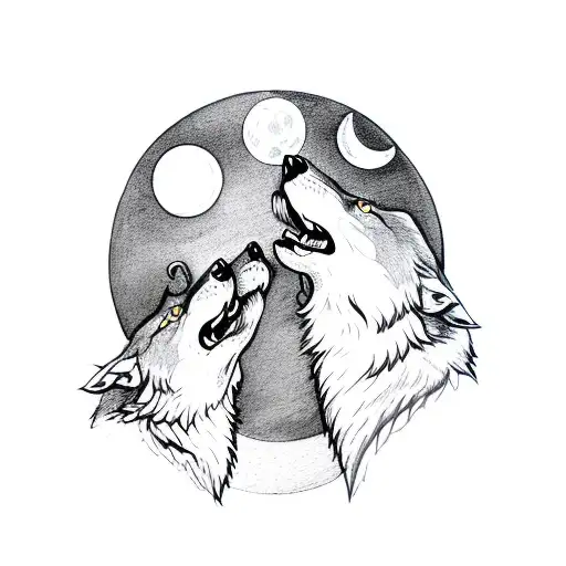 Male And Female Wolf Howling Together Face To Face With The Moon In The Back