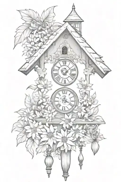 German Cuckoo Clock Surrounded By Edelweiss Flowers No Birds Chimney House