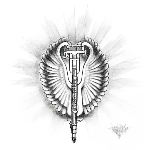 A Detailed Sketch Of A Trumpet With Angel Wings And A Halo