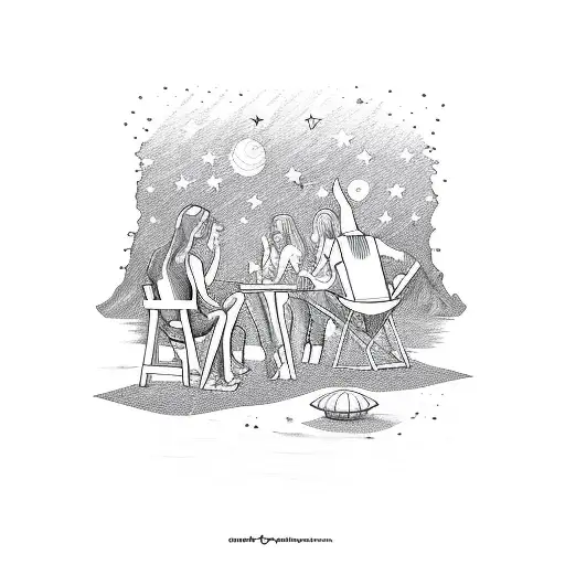 A Sketch-style Design Of A Group Of Friends Stargazing On A Beach In Miami