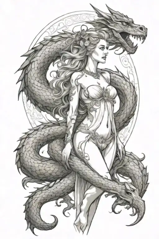 Aphrodite Greek Goddess Full Body Surrounded By A Dragon