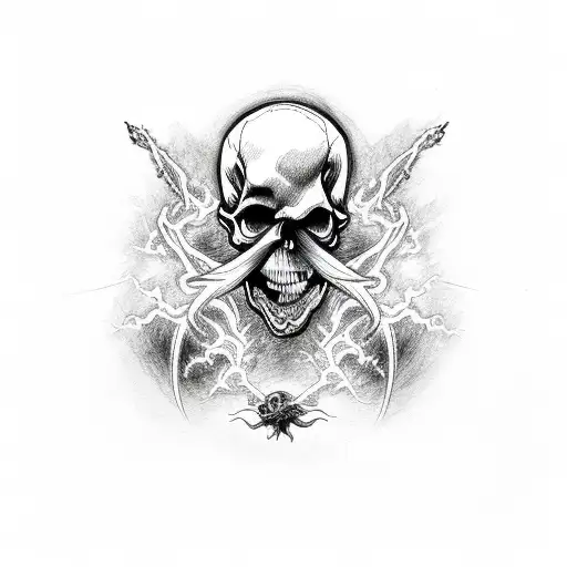 Skull And Cross Bones With Lightning And Fire Tornado