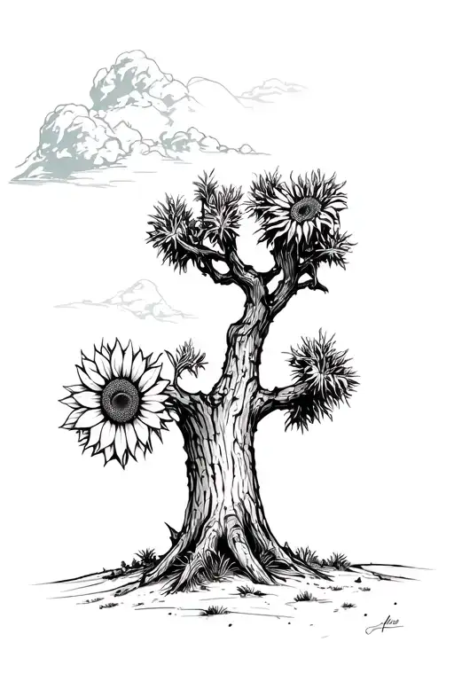 Joshua Tree With Sunflower Next To Trunk