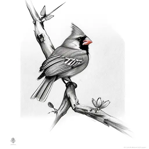 Cardinal On A Branch With A Monarch Fluttering