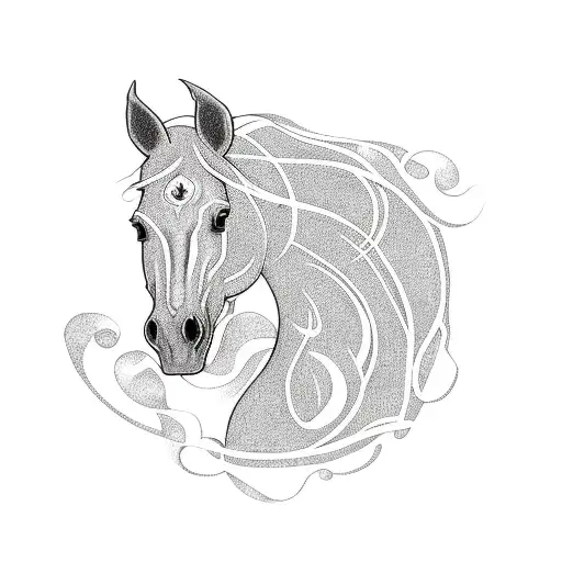 A Blackwork Tattoo Featuring A Horse Surrounded By Swirling Abstract Patterns