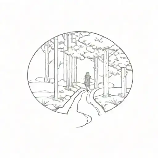 Forest Of Oak Trees With Path With Woman Walking At Beginning Of Path