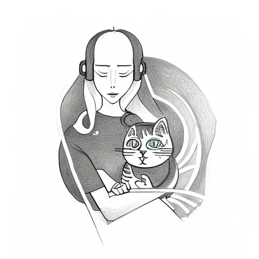 A Sketch-style Tattoo Of A Woman Programming With A Cat On Her Lap