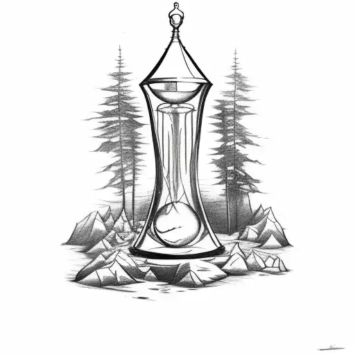 Sketch-style Tattoo Of A Haunted Hourglass Nestled Within A Dense Forest
