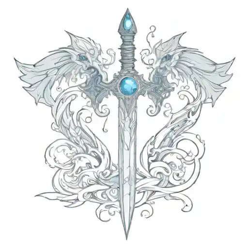 Vertical Sword With Blue Gemstone In The Hilt With Three Small Flying Dragons