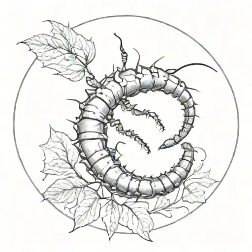 Scolopendra In Black And White Crawls In A Circle With Leaves