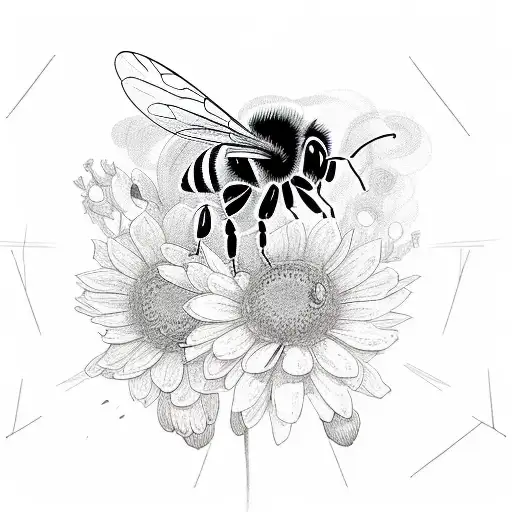 A Sketch-style Illustration Of A Bee Surrounded By Flowers