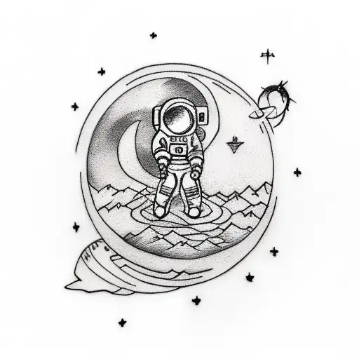 A Sketch-style Tattoo Featuring An Astronaut Sewing A Patch With A Moon And Planets Design