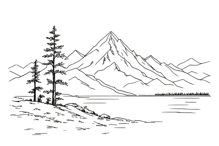 Mountain Outline With Trees And A Lake In The Foreground