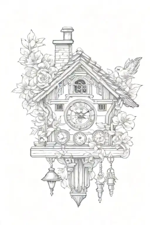 Bavarian Cuckoo Clock With German Flowers Surrounding A Chimney Roof And Weights On The Bottom