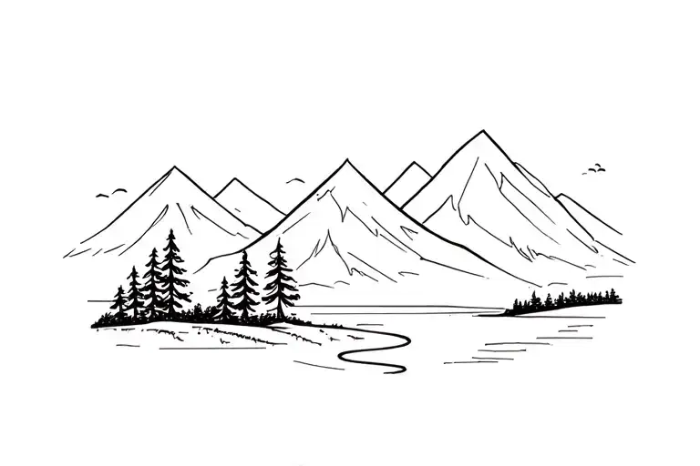 Simple Sketch Of Mountains With A Few Big Trees And A Lake In Front