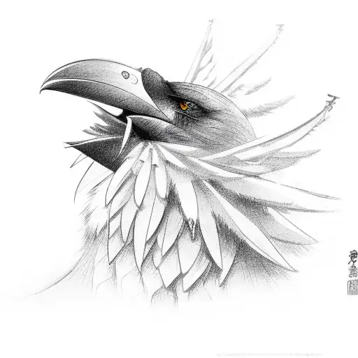 Crow Head From Side View Screaming In Style Of Japanese Art
