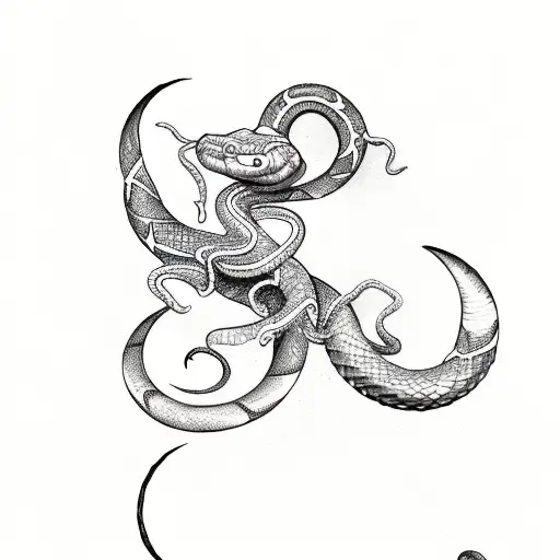 A Tattoo Of A Snake Coiled Around A Crescent Moon
