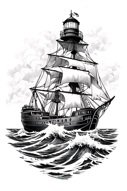 Midevil Ship Ocean Waves Lighthouse