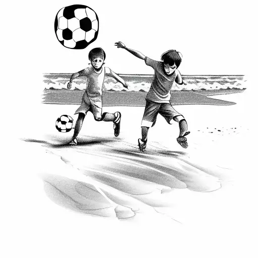 A Sketch Of Children Playing Soccer On The Beach