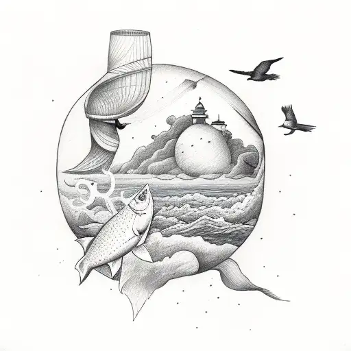 An Hour Glass With The Sky And A Bird At The Top And The Sea With A Fish Un The Bottom