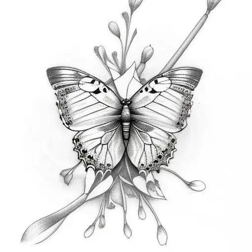 A Tattoo Of A Beautifully Detailed Butterfly Resting On A Delicate Flower On The Beach