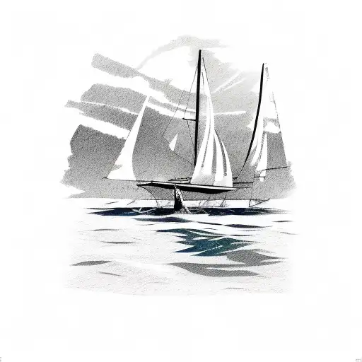 Catamaran On The Ocean With Palm Trees In The Back