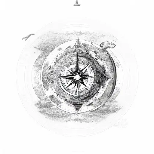 Yin And Yang With Compass And Lion